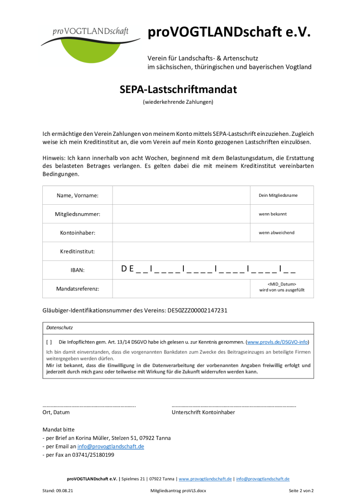 proVLS Bankverbindung und SEPA-Formular